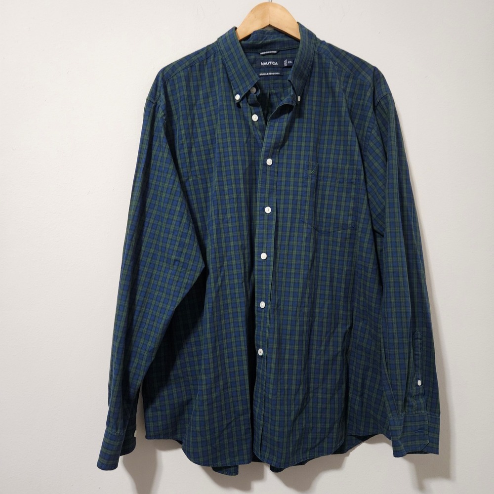 Nautica Mens XXL Plaid Button Down Shirt Blue Green Wrinkl Resistant Long Sleeve